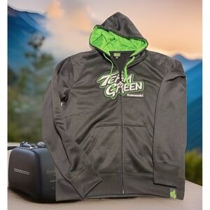 Kawasaki Hoodie Men's Large Black Full Zip Team Green Motorcycle Bikercore EUC